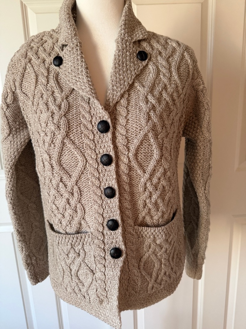 Irish Wool Chunky Cable Knit Button Cardigan in Beige with Black Buttons